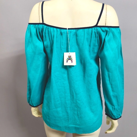 Christophe Sauvat Southwest Boho Turquoise Embroidery Western Open Shoulder Top - Picture 3 of 7
